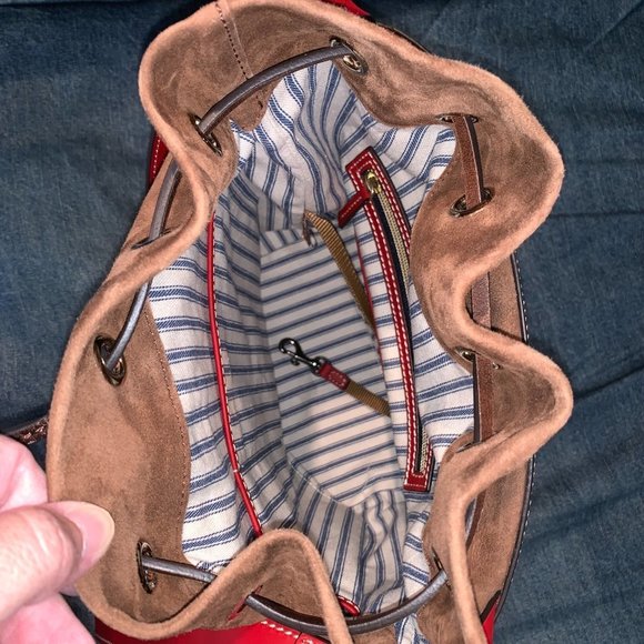 Dooney & Bourke Large Beacon Saffiano red bucket drawstring bag - Picture 7 of 15